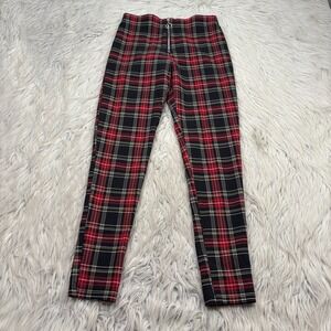 Zara Women's S Red Plaid Tartan Exposed O-Ring Zip Fly Skinny Stretch Pant Punk